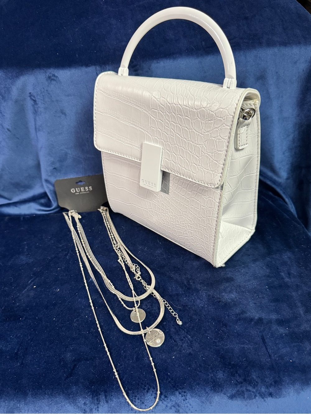 GUESS White Croc-Embossed Crossbody Purse & Silver Layered Necklace Set NWT